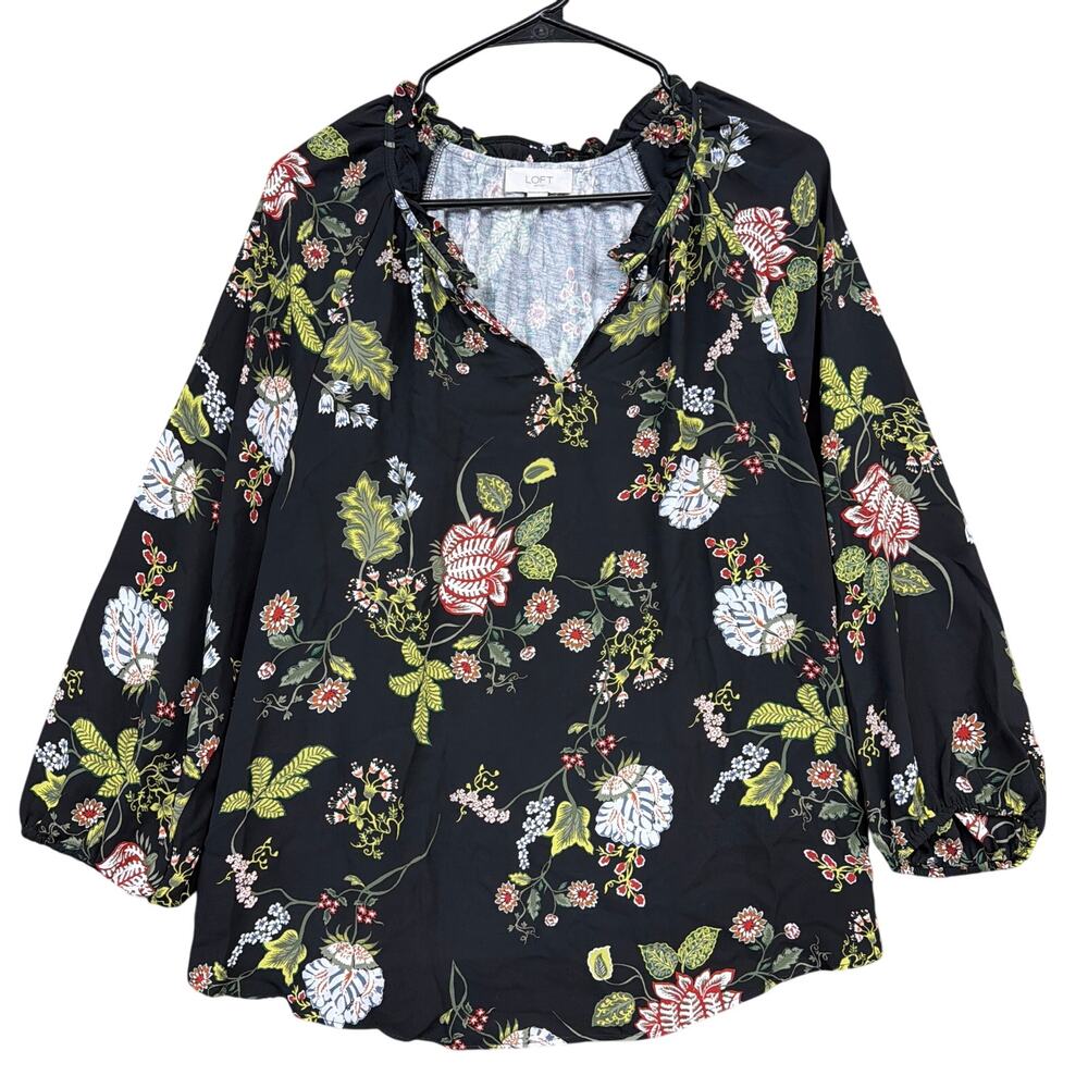 LOFT Outlet Womens Blouse Black Multi Floral V Neck Long Sleeve Stretch Large